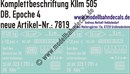 "Nass-Schiebebilder: Güterwagen-Komplettbeschriftung Kllm 505, DB, Epoche 4. Artikel-Nummer: 7819"