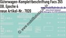 "Nass-Schiebebilder: Güterwagen-Komplettbeschriftung Facs 265, DB, Epoche 4. Artikel-Nummer: 7820"