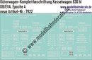 "Nass-Schiebebilder: Güterwagen-Komplettbeschriftung Kesselwagen 630 hl, DB/EVA, Epoche 4. Artikel-Nummer: 7822"