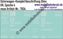 "Nass-Schiebebilder: Güterwagen-Komplettbeschriftung Glms, DR, Epoche 4. Artikel-Nummer: 7834"