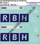 "Nass-Schiebebilder: Lok-Komplettbeschriftung Lok 103 (BR 143), RBH, Epoche 5. Artikel-Nummer: 7946"