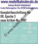 "Nass-Schiebebilder: Güterwagen-Komplettbeschriftung Hw, DR, Epoche 3. Artikel-Nummer: 7997"