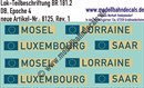 "Nass-Schiebebilder: E-Lok Teilbeschriftung BR 181.2 Saar, Mosel, Lorraine, Luxembourg, DB, Epoche 4. Artikel-Nummer: 8125"