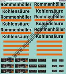 "Nass-Schiebebilder: Güterwagen-Komplettbeschriftug für 3 Kohlensäure-Wagen der Firma Rommenhöller, eingestellt bei de. Artikel-Nummer: 8239"