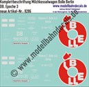 "Nass-Schiebebilder: Güterwagen-Komplettbeschriftung Milchkesselwagen Bolle Berlin, DB, Epoche 3. Artikel-Nummer: 8286"