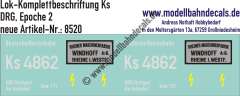 Nass-Schiebebilder: Komplettbeschriftung für eine Ks (Akku-Köf) der DRG mit Herstellerschilder "Windhoff". Artikel-Nummer: 8520