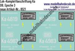 Nass-Schiebebilder: Komplettbeschriftung für eine Ka (Akku-Köf) der DB mit Herstellerschilder "Windhoff" mit Schriftzug und DB-Keks. Artikel-Nummer: 8521