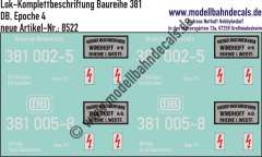 Nass-Schiebebilder: Komplettbeschriftung für eine Baureihe 381 (Akku-Köf) der DB mit Herstellerschilder "Windhoff" mit Schriftzug und DB-Keks. Artikel-Nummer: 8522
