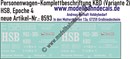Nass-Schiebebilder: Harzer Schmalspurbahn (HSB): Personenwagen-Komplettbeschriftung KBD (Variante 2). Artikel-Nummer: 8593