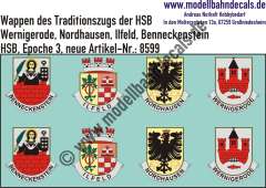 Nass-Schiebebilder: Harzer Schmalspurbahn (HSB): Taufwappen des Traditionszugs (Wernigerode, Nordhausen, Ilfeld, Benneckenstein). Artikel-Nummer: 8599